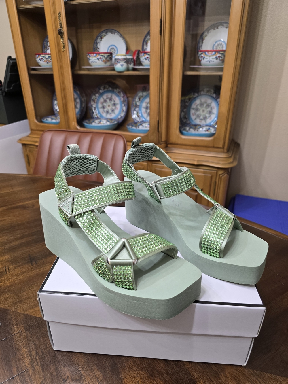 Guess Platform Sandals — Mint Green Crystal Straps
